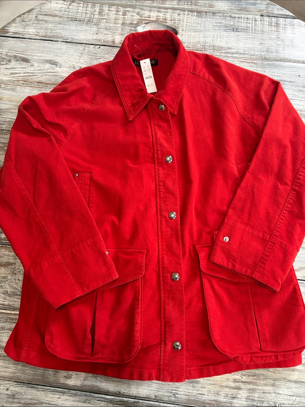 NWT, J Crew broken in barn jacket brushed chino in crisp scarlet size L